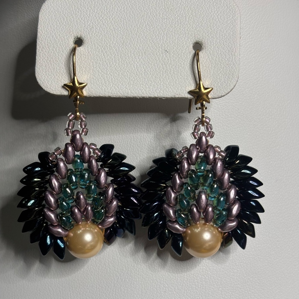 Handmade Shell Pearl earrings embellished with multi color accent beads 2 inches